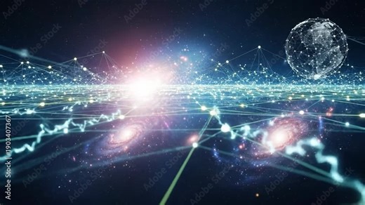 Abstract network connections are spreading across the universe with bright light and galaxies in the background