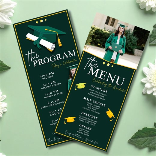 Graduation Program and Menu Template, Green Gold Class of 2026 Editable Party Schedule, Custom Dinner Itinerary Printable Card - Etsy