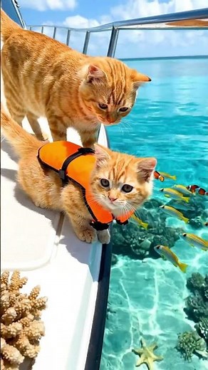 Mother Cat Takes Orange Kitten on Epic Boat Adventure! 🚤😻 #cat #shorts