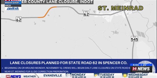 Traffic Alert: Lane closure on SR 62 in Spencer Co.