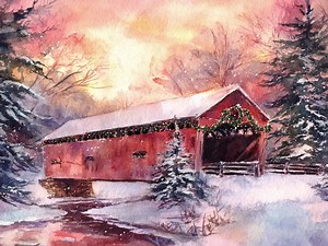 Christmas Covered Bridge Watercolor Print, Winter Landscape Wall Art, Snowy Pines & Wreath, Farmhouse Holiday Decor, Country Cottage Gift - Etsy