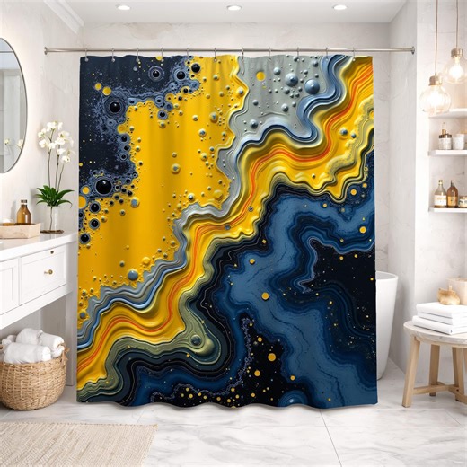 Abstract Shower Curtain Fluid Marble Waves Mustard Yellow Navy Blue Modern Decor - Etsy