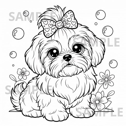 Shih Tzu Puppy Coloring Page Printable, Cute Fluffy Dog Line Art for Kids and Adults, Instant Download, Thick Outline High-res PNG & PDF - Etsy