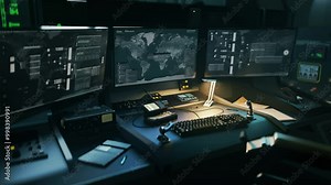 Operating the modern military location tracking system scanning the world map. Using the scanner system to find target location from the control room. Scanner system detects gps signal location.