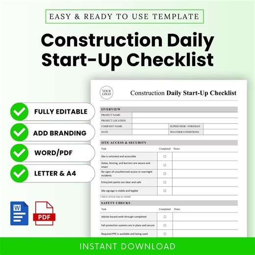 Construction Daily Start-up Checklist Template – Word & PDF, A4   US Letter - Etsy