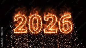 Happy New Year 2026 Fiery Numbers Animation with Fireworks Display.