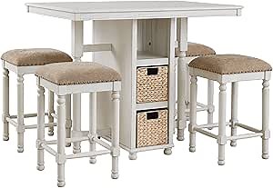 Signature Design by Ashley Robbinsdale Farmhouse Rectangular Counter Height Dining Room Table and Bar Stools, Set of 5, Whitewash