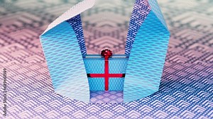 Looping animation of unfolding or opening a gift box with a gift box inside. Visualization for discounts and holidays. Red ribbons. Front view.