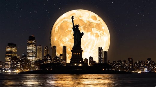 When the Supermoon meets Lady Liberty: A moment of unimaginable scale and cosmic alignment. This isn't just a skyline—it's a celestial salute! Witness the largest golden moon you've ever seen stand guard over the beacon of freedom. A reminder that even against the vastness of the universe, our symbols endure. #SupermoonNYC #LadyLiberty #CosmicAlignment #NYCskies #AweInspiring | Harmonic Visions