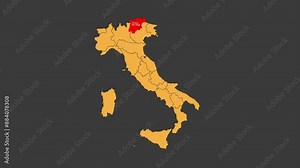 Trentino Alto Adige map animated video. Map Highlighted on the Itali map with animation and colour with Gray background in video format.