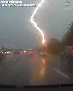 Incredible dashcam footage captures the moment lightning struck a pole on the side of Massachusetts Turnpike during severe storm. https://abcn.ws/2Gngawy | ABC News