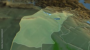 Ninawa - province of Iraq with its capital zoomed on the physical map of the globe. Animation 3D