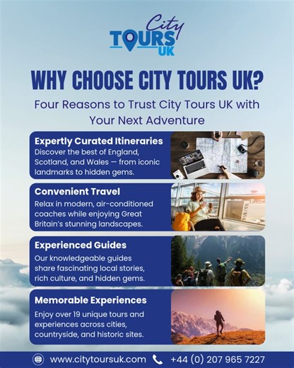 From iconic landmarks to hidden gems, travel in comfort with expert guides and flexible experiences across England, Scotland & Wales. Your unforgettable adventure awaits! 🌍🚌 | City Tours UK