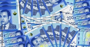 Morocco Dirham banknotes in a cash fan mosaic pattern loop. Moroccan Dirhams MAD money notes. Abstract concept of bank, finance, economy seamless and looped decorative design background.