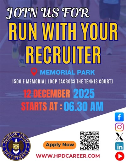 We’re lacing up! 🏃‍♀️🏃‍♂️ Meet the Houston Police Department recruiting team at the next run — we’ll be hanging out before and after the race to chat about career opportunities, answer questions, and cheer you on. Apply now at hpdcareer.com or call us at 713-308-1300 for more information. #houstonpolice #HoustonPD #JoinHPD #HoustonJobs | HPD Career