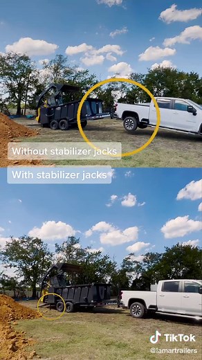 If your loading heavy equipment don’t forget to get stabilizer jacks. They keep your truck and trailer from lifting on the ground #lamartrailers #trailersthatlast #dumptrailer #dumptrailers #skidsteer #theoffice #heavyequipment