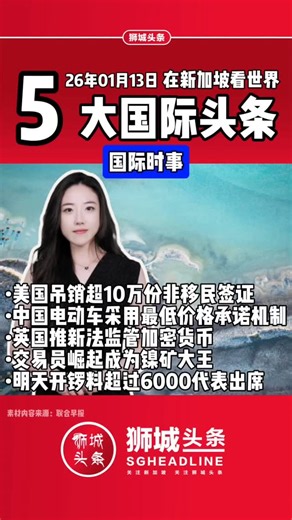 SGHeadline 狮城头条 on Instagram: "周二 , 国际五大头条 第一：（美国吊销超10万份非移民签证)，美国国务院说，自总统特朗普去年1月上任以来，美国已吊销超过10万份非移民签证，刷新纪录。 第二：（中国电动车采用最低价格承诺机制），针对出口到欧盟的中国电动车实行价格承诺，将以最低售价来替代惩罚性关税；北京则表示，这体现中欧双方的对话精神和磋商成果。 第三：（英国推新法监管加密货币），英国政府宣布将于2027年10月推出新法，将金融监管范围扩大到加密货币公司，以支持这个行业的发展，同时保护消费者权益。 第四：（交易员崛起成为镍矿大王），经手价值数十亿美元的镍矿石，持有面积相当于美国纽约市大小的镍矿山。全球最大镍生产国的最大交易员阿里夫，是40多岁的印尼华裔。 第五：（明天开锣，料超过6000代表出席），马来西亚团结政府成员巫统即将召开年度代表大会。目前正值巫统主席阿末扎希洗脱贪污指控、此次大会被视为巫统整合党内力量、为下届大选布局的重要机遇。 ​ ​在新加坡看世界 每日一分钟 我是凯艺 明天见"