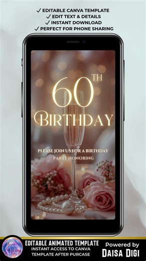 Rose Gold 60th Birthday Invitation Video | Elegant Canva Animated Invite