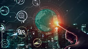 SEO - Search Engine Optimization for Online Marketing conceptual. Modern graphic interface showing symbol of keyword research website promotion by optimize customer search and analyze market strategy. Stock Video