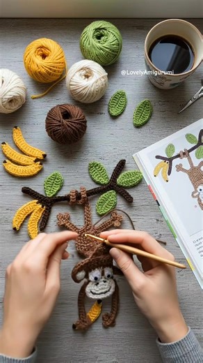 Cute Crochet Monkey Appliqué with Banana Design