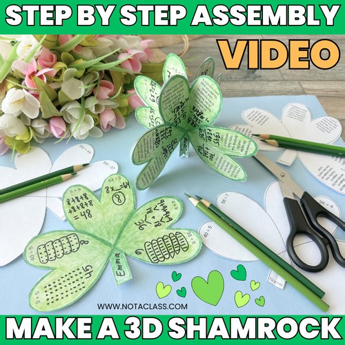 3D Shamrock Assembly Video for Students, March St Patricks Day Math Craft Clover