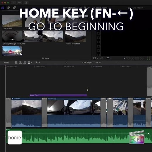 Final Cut Pro Shortcut | Home key (fn-Left arrow) | Go to Beginning