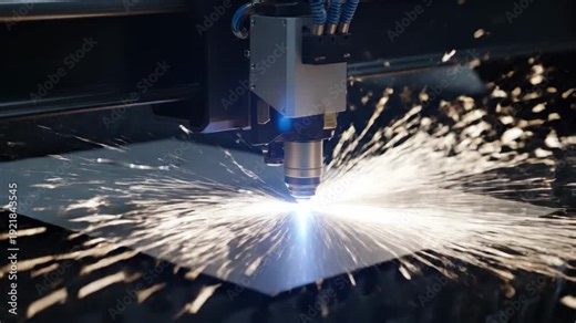Industrial cnc laser cutting machine processing a metal plate with bright sparks. Modern automated manufacturing technology for precision metalwork and fabrication