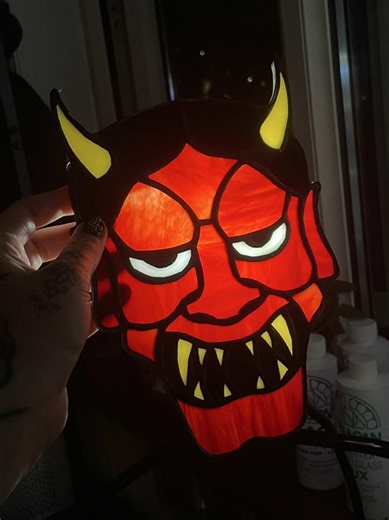 Hannya Mask A design I’ve been wanting to make for ages, love how it turned out ! . Not for sale as yet as I’m busy making stock for my next market ! . . #glassartwork #mirrorengraving #stainedglassartist #stainedglass #bristolglassartist