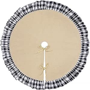 yuboo Burlap Spring Tree Skirt with Black Buffalo Plaid Ruffle Border, Jute Rustic Easter Tree Mat for Spring Decor Ornaments