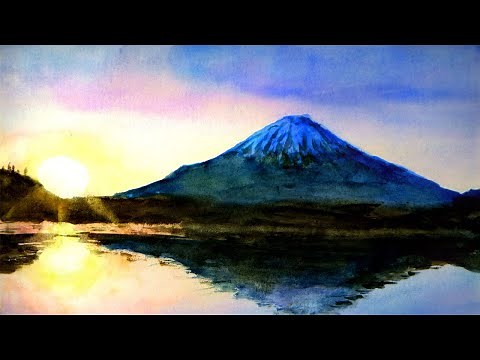 富士山・本栖湖の日の出（透明水彩風景画） Sunrise at Mt.Fuji 【Watercolor】 「初日の出」