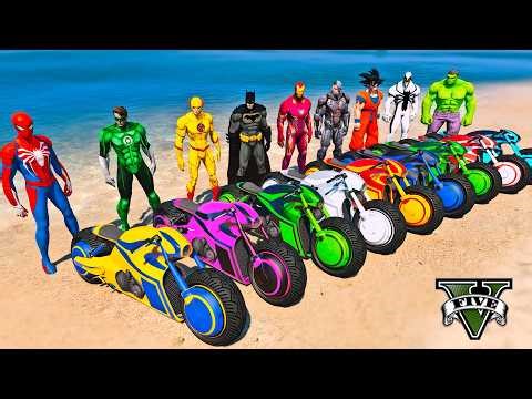 SPIDERMAN vs SUPERHEROES ARMY TRON MOTORBIKES RACING CHALLENE on SEA MEGA RAMP, HULK RACE - GTA 5