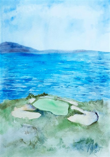 Golf fields painting original watercolor landscape artwork mountains seascape coastal artwork