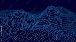3D looping animation of a mountain landscape. Complex three dimensional waveform. Colorful holographic wireframe mesh on dark background.