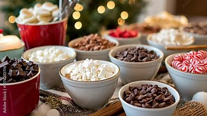 A hot chocolate bar is set up with various toppings, including marshmallows, chocolate chips, and candy canes