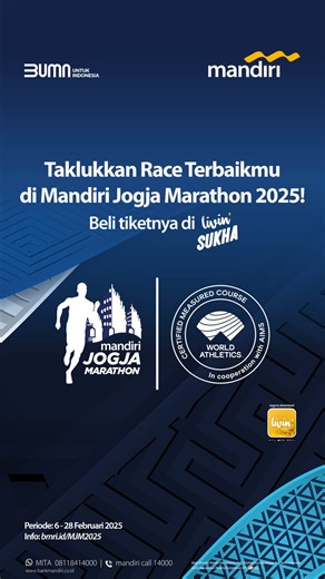 Mandiri Jogja Marathon on Instagram: "⚡️Steps to secure race slot Mandiri Jogja Marathon 2025⚡️ Race slot can be purchases done only at Livin’ Sukha, make sure to download Livin’ by Mandiri app and access Sukha feature📲 Each Livin’ by Mandiri account can only register once using 1 (one) ID number, phone number, and email address. Find the link to FAQ 👉🏼 bmri.id/MJM2025 #MJM2025 #MandiriJogjaMarathon #AccelerateYourLimit #LivinbyMandiri"