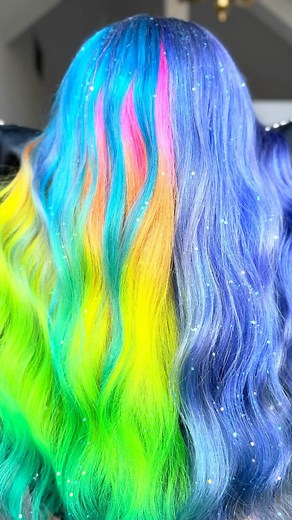 3.5K views · 79 reactions | Glitter makes everything better & so do PRAVANA VIVIDS!  This sparkly, neon rainbow by @hairbylunabelle gives us all the HAPPY FEELS, using PRAVANA VIIVDS: Neon Pink, Orange, Yellow, Green, Blue, Silver, Periwinkle, and Neon Blue, Aquamarine.  #pravana #pravanavivids #neonhair #rainbowhair #neonrainbowhair #glitterhair #hairofinstagram | Pravana | Facebook