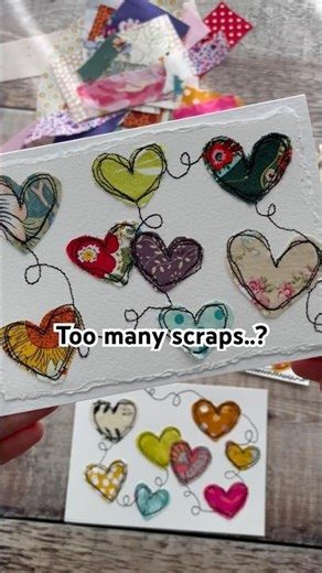 Free motion appliqué fabric scraps hearts for a cute Mother's Day card and bookmark #sewingtutorial