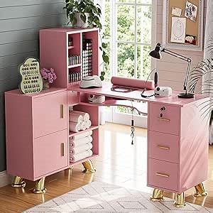 Manicure Table Nail Station w/Dust Collector - L-Shaped Nail Tech Table with Shelves, Storage Cabinets, Drawers, Metal Handles & Legs, Salon Wrist Rest, Beauty Salon Workstation Decor (Pink)