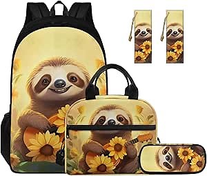 Flashideas Cute Sloth School Backpack Set 4Pcs Kids Backpack for Boys 6-8 with Lunch Box Pencil Case and 2Pcs Bookmark Toddler Bookbag Multifunctional Pencil Case Child Backpacks For School & Travel