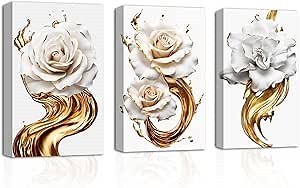 CXHOSTENT White Rose Flower Wall Art 3 PCS White and Gold Paintings Floral with Golden Ink Splash Abstract Posters Prints Frame Artwork Bedroom Decor (Abstract-3, 20.00"x28.00"x3P)