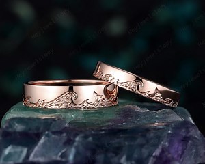Unique His and Hers Ocean Wave Wedding Set, Full Eternity Sea Surf Rose Gold Engagement Matching Band Couple Set Promise Ring for Man Woman - Etsy