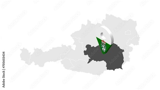 Location Styria on map Austria. 3d federal State of Styria flag map marker location pin. Map of Austria showing different parts. Animated map States of Austria. 4K. Video