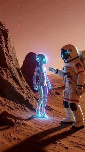 un astronaute rencontre une alien et se dirige vers un vaisseau spatial