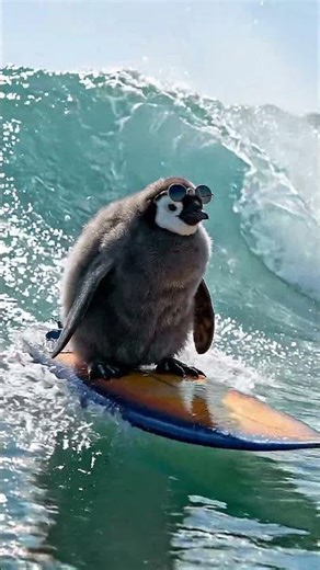 Pro Surfer Baby Penguin Ride a Perfect Wave 🐧🌊 | Cute & Relaxing Ocean Moment