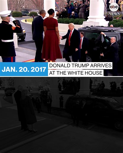 At noon today, Donald Trump will take the presidential oath for a second time. The moment will cap Trump's historic political comeback to the White House. It's the second time Trump has been greeted at the steps of the White House by the outgoing president — first by the Obamas in 2017, and now by the Bidens in 2025. Take a look at the moment then and now: https://abcnews.visitlink.me/VV_khH | ABC News