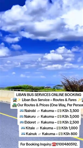 LIBAN BUS SERVICES ONLINE BOOKING 🚍✨ Liban Bus Service – Routes & Fares ✨🚍 🛣️ Our Routes & Prices (One Way, Per Person): 🚌 Nairobi ⇄ Kakuma – 💵 KSh 3,500 🚌 Nakuru ⇄ Kakuma – 💵 KSh 3,000 🚌 Eldoret ⇄ Kakuma – 💵 KSh 2,500 🚌 Kitale ⇄ Kakuma – 💵 KSh 1,000 🚌 Kainuk ⇄ Kakuma – 💵 KSh 800 For Booking Inquiry:☎️0100480592. #kakumarefuggecamp #libanbusmoyale #libancoachkkm #moyaletiktok #busworld