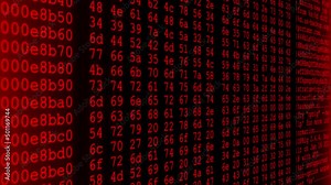A close-up view of random computerized digits and lower-case letters scrolling continuously on a screen, in red color - seamless looping.