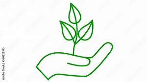 Linear ecology icon. Tree sprout in hand. The green symbol is drawn gradualaty. Looped video. Concept of ecology care, saving the nature, harvest. Vector illustration isolated on white background.