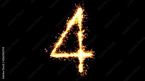 Number 4 Text Sparkler Writing With Glitter Sparks Particles Firework on Black 4K Loop Background. letter , alphabet , typography , Typeface , Font , character .