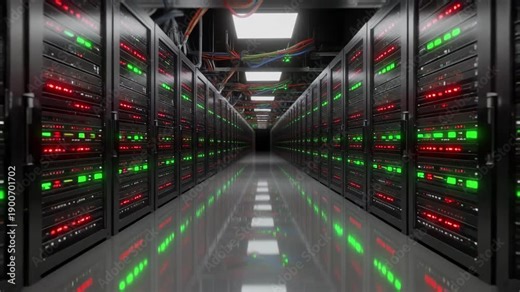 Modern data center interior with rows of black server racks, blinking red and green LED lights, reflective floor, and overhead cables representing cloud computing and big data storage